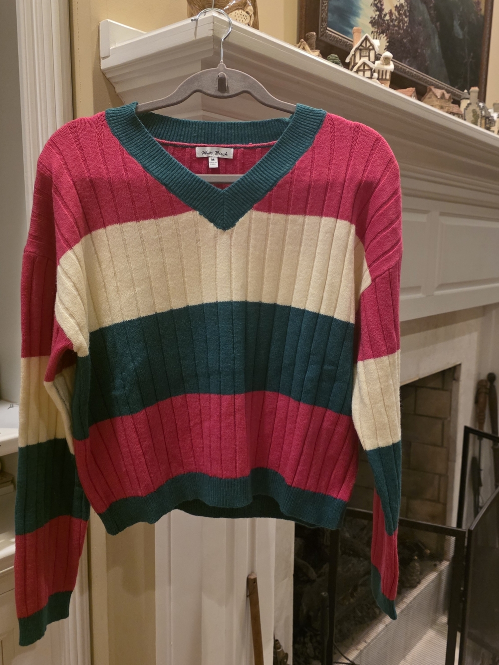 white birch Teal Pink Cream Striped V-Neck Sweater